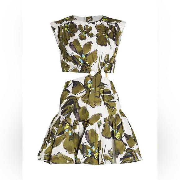 Aje Green and White Leaf Print Oasis Cut-out Horizon Olive Mini Dress